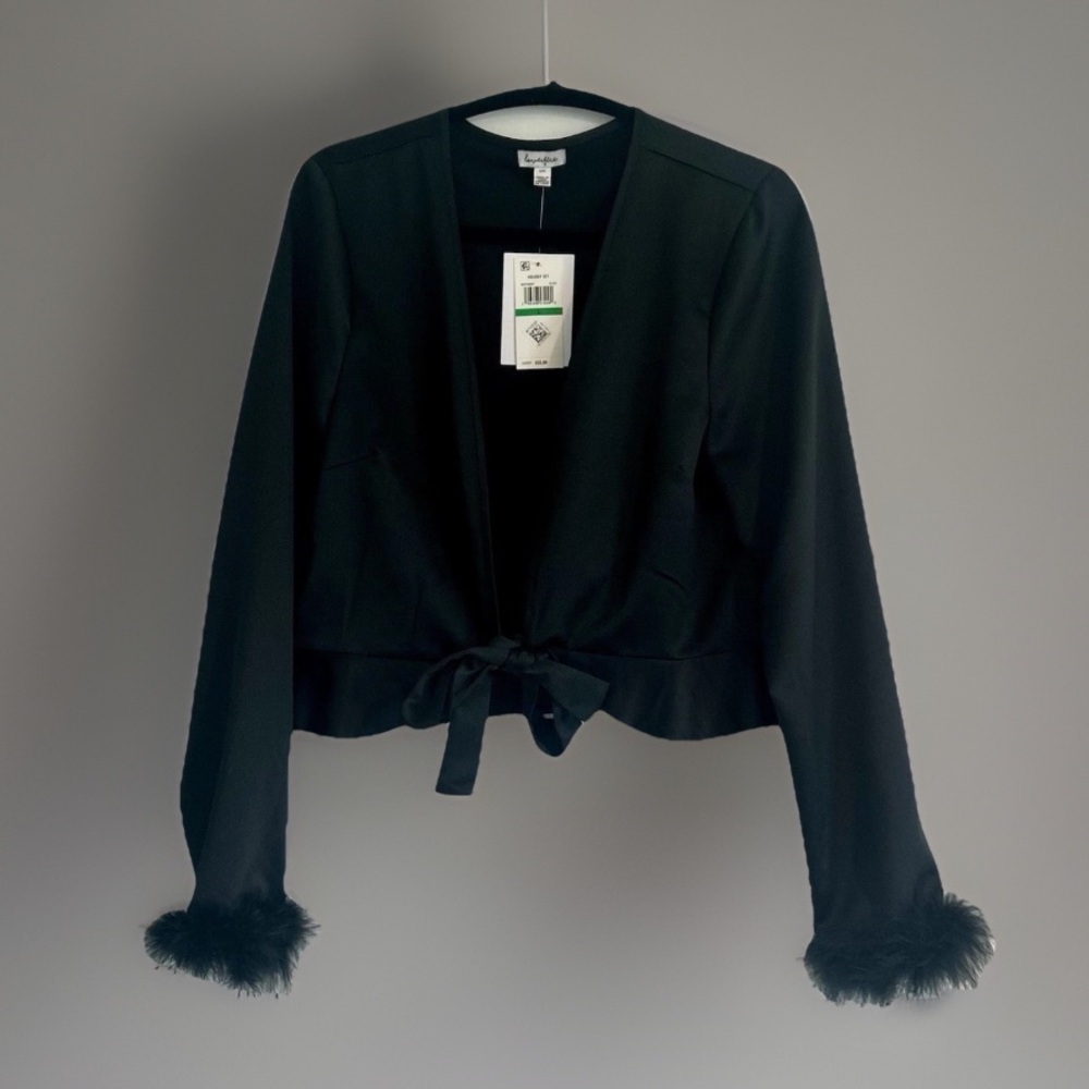 Love, Fire Black Satin Cropped V-Neck Faux Feather Trim Tie Front Blazer Size L